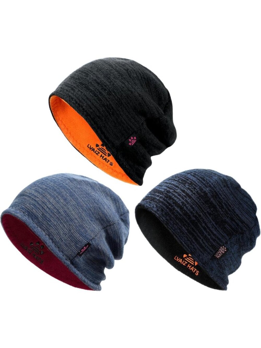 Cozy 3-Pack Reversible Fleece-Lined Knit Beanie Hats for Winter - Unisex